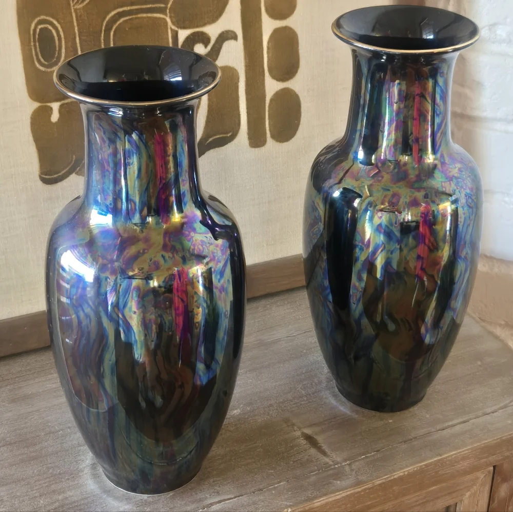 Japanese Pair Of Mid Century Vases Feat. Birds & Water Scene, Iridescent